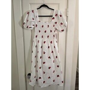 Ana & Rose White Red Cherry Embroidered Smocked Ruffle Midi Dress Puff Sleeve S